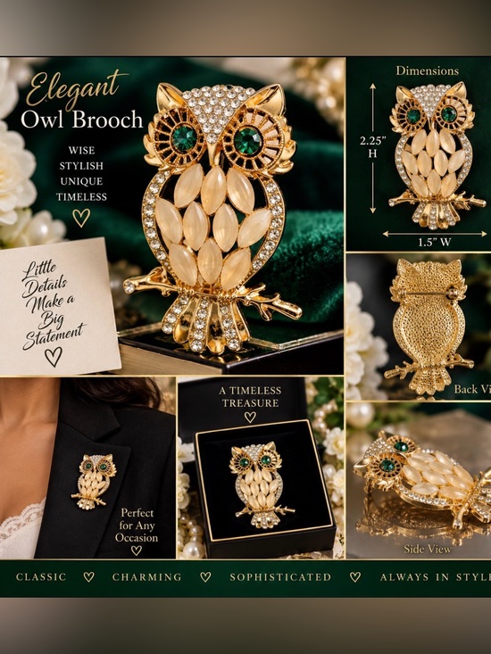 Jewelry - Elegant Gold Owl Brooch with Cream and Green Accents